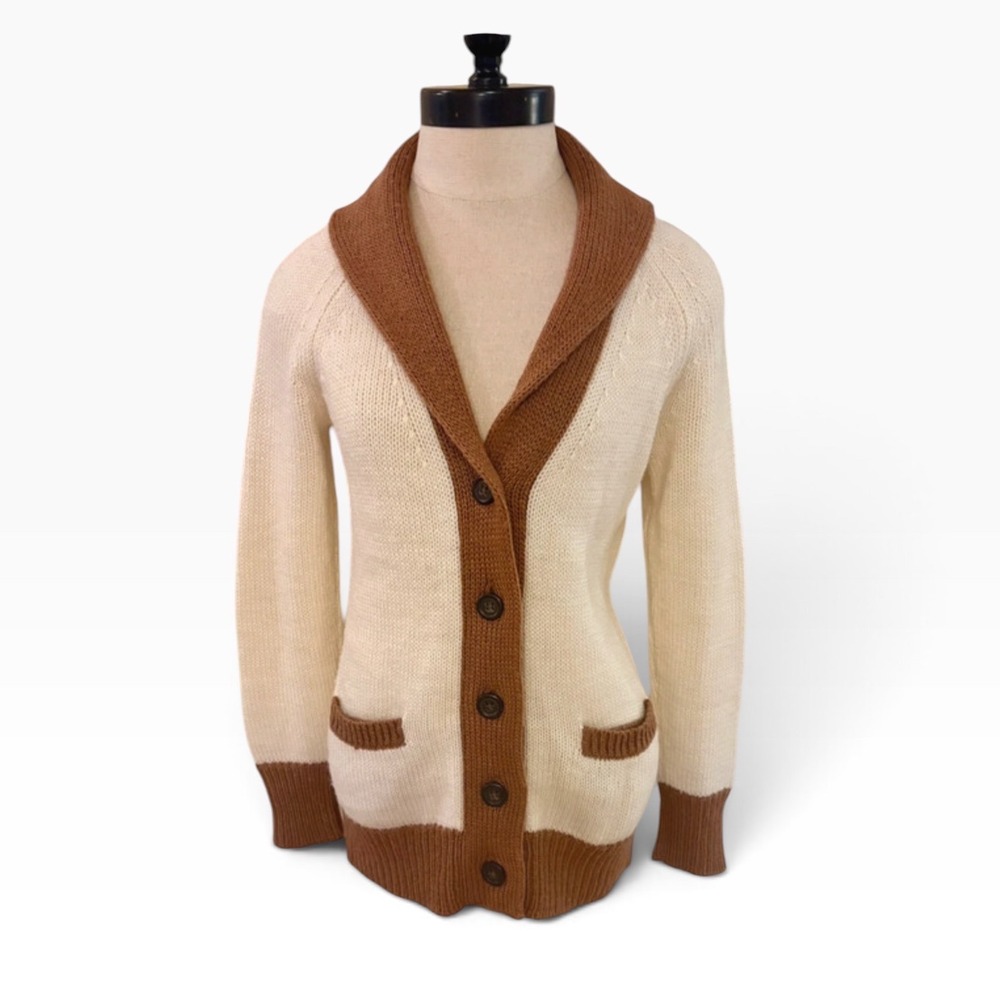 Vintage J Crew Shawl Collar Cardigan Sweater Wool Mohair Blend Brown Cream Small